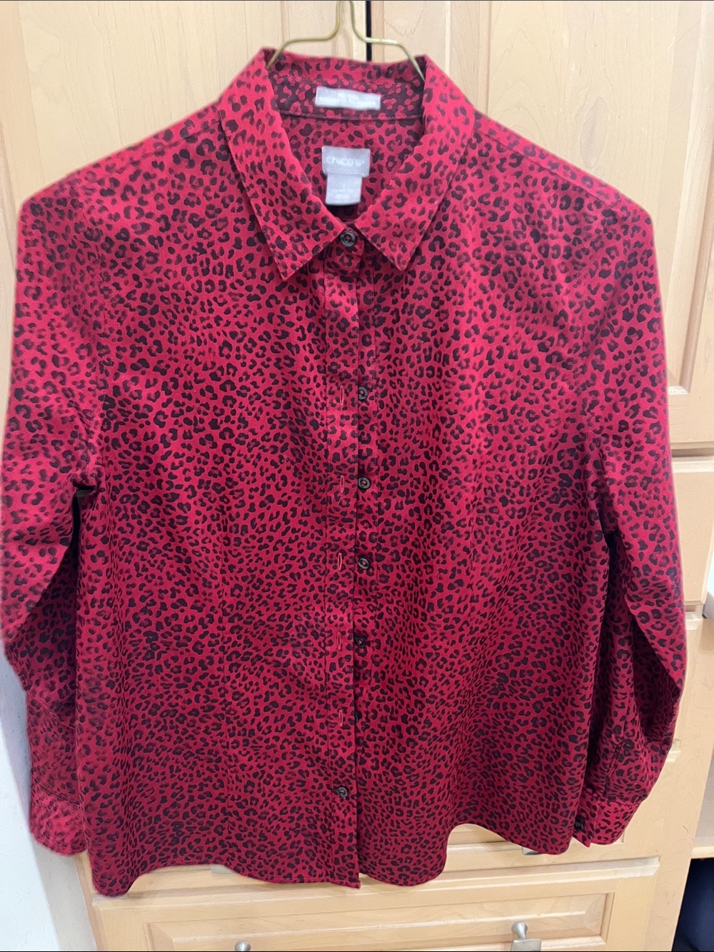 Chico's Red and Black Leopard Print Button-Up Blouse